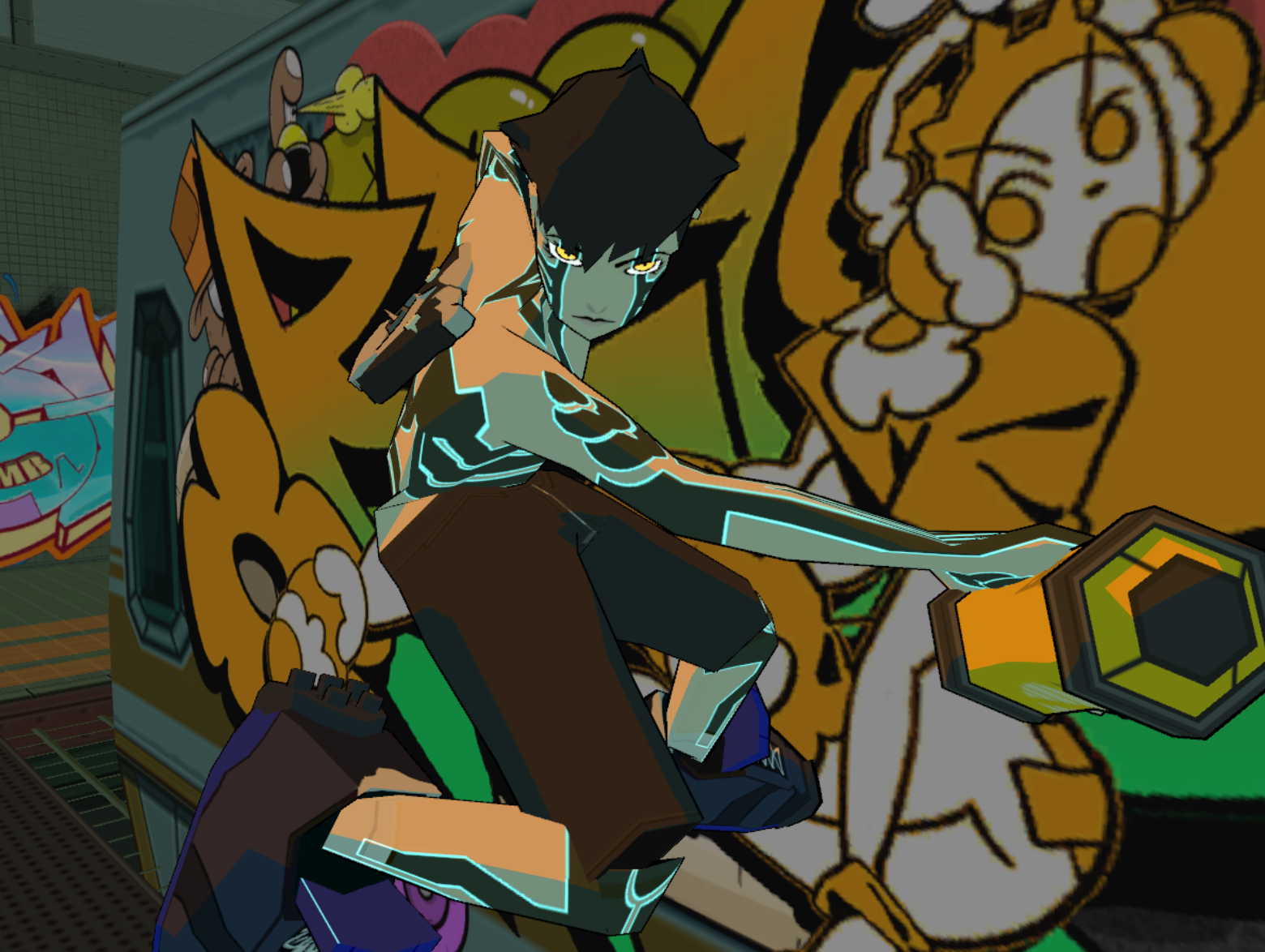 Demifiend doing a dramatic pose after spraypainting the wall